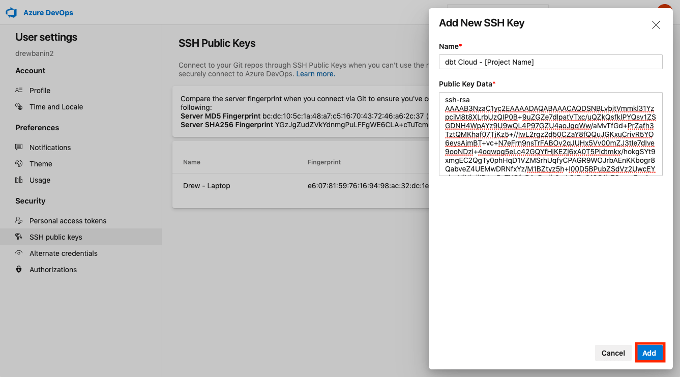 Enter and save the public key generated for your repository by dbt Enter and save the public key generated for your repository by dbt
