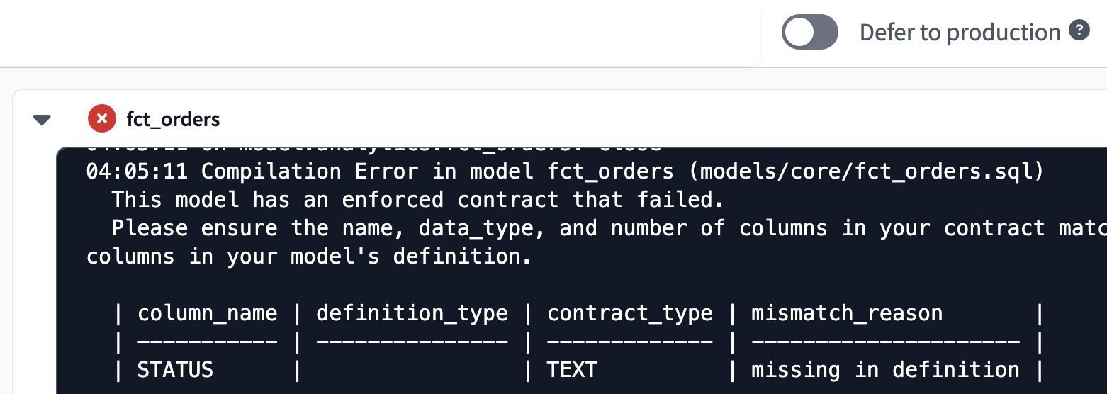 The data contract was breached and the dbt build run failed. The data contract was breached and the dbt build run failed.